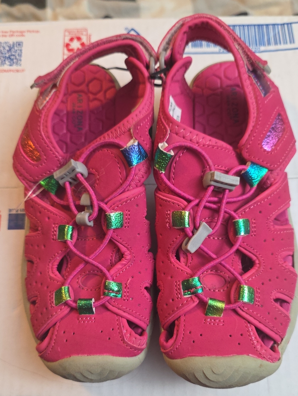Arizona Jean Company Girls Hot Pink Sandals with Iridescent Green Accents